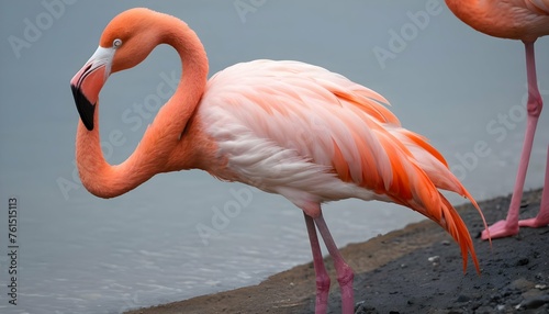 A Flamingo Preening Its Feathers On The Shore