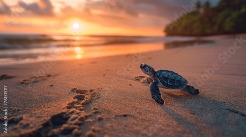 A little sea turtle walks on the sandy beach in the morning.