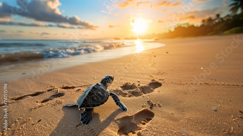 A little sea turtle walks on the sandy beach in the morning.