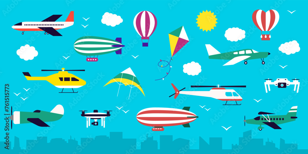 Air plane. Transport in cloud sky. Airplane flight. Helicopter and balloon. Unmanned aerial drone. Vehicle for hot summer travel. Sun wing activity. Urban cloudscape. Vector flat design Air plane. Transport in cloud sky. Airplane flight. Helicopter and balloon. Unmanned aerial drone. Vehicle for hot summer travel. Sun wing activity. Urban cloudscape. Vector flat design
