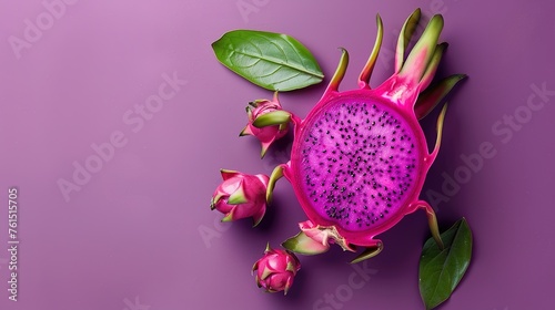 Delicious Dragon fruit banner, Fresh Pitahaya or Dragon fruit on purple background With clipping path,Generative ai, 