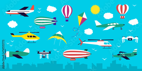 Air plane. Transport in cloud sky. Airplane flight. Helicopter and balloon. Unmanned aerial drone. Vehicle for hot summer travel. Sun wing activity. Urban cloudscape. Vector flat design