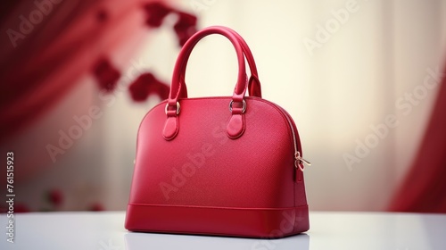 Women's bag made of red leather on a light background. A beautiful, bright women's accessory.