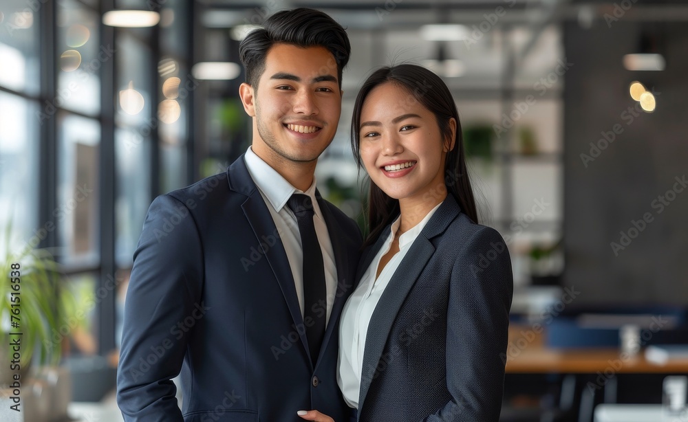 A professional and cheerful scene featuring a man and woman in impeccably neat office uniforms, both smiling warmly, set against the backdrop of an office A professional and cheerful scene featuring a man and woman in impeccably neat office uniforms, both smiling warmly, set against the backdrop of an office