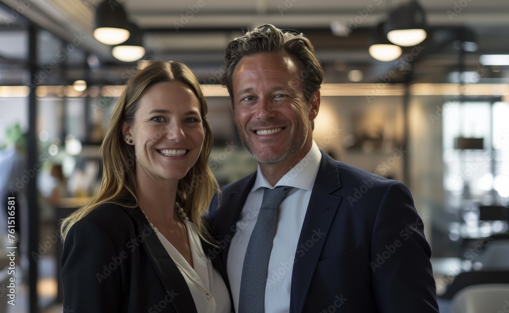 A professional and cheerful scene featuring a man and woman in impeccably neat office uniforms, both smiling warmly, set against the backdrop of an office A professional and cheerful scene featuring a man and woman in impeccably neat office uniforms, both smiling warmly, set against the backdrop of an office
