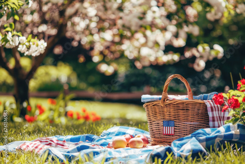 Picnic basket with American flag on a sunny day. 