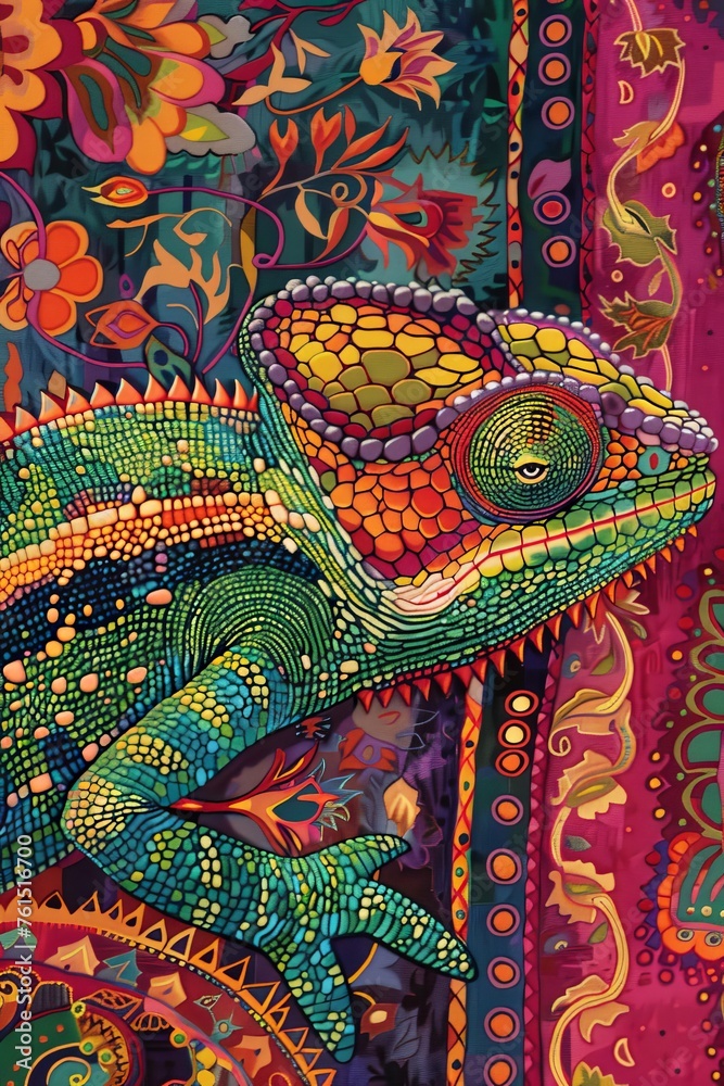 A painting of a chameleon beautifully blending into the vibrant colors of its surroundings, showcasing intricate details of the reptile and the diverse hues of the backdrop