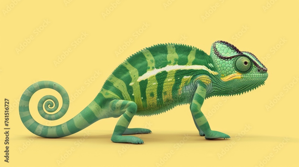 Obraz premium a green chameleon in bright plain yellow background