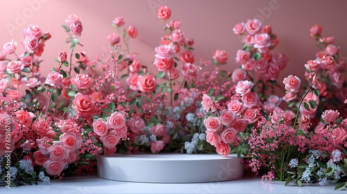  a minimalist podium with a background of pink and white roses, set on a spring table for a product display, emphasizing natural beauty