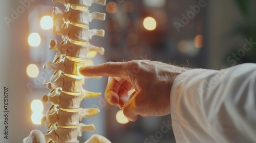 Close-up of chiropractor pointing to specific vertebrae on spine chart.