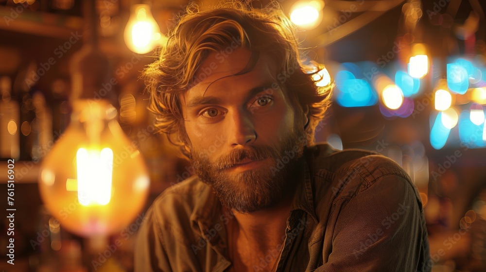 Bearded Man Sitting in Bar