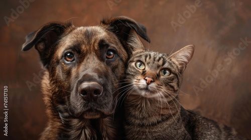 Cute kitten and dog together in studio on brown background,