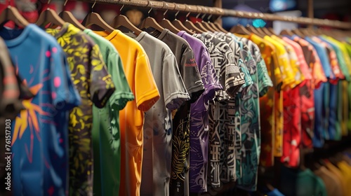 Vibrant Collection of Colorful T-Shirts Hanging for Sale