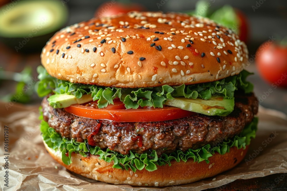 Classic Homemade Veggie Burger with Fresh Toppings and Sesame Bun Classic Homemade Veggie Burger with Fresh Toppings and Sesame Bun
