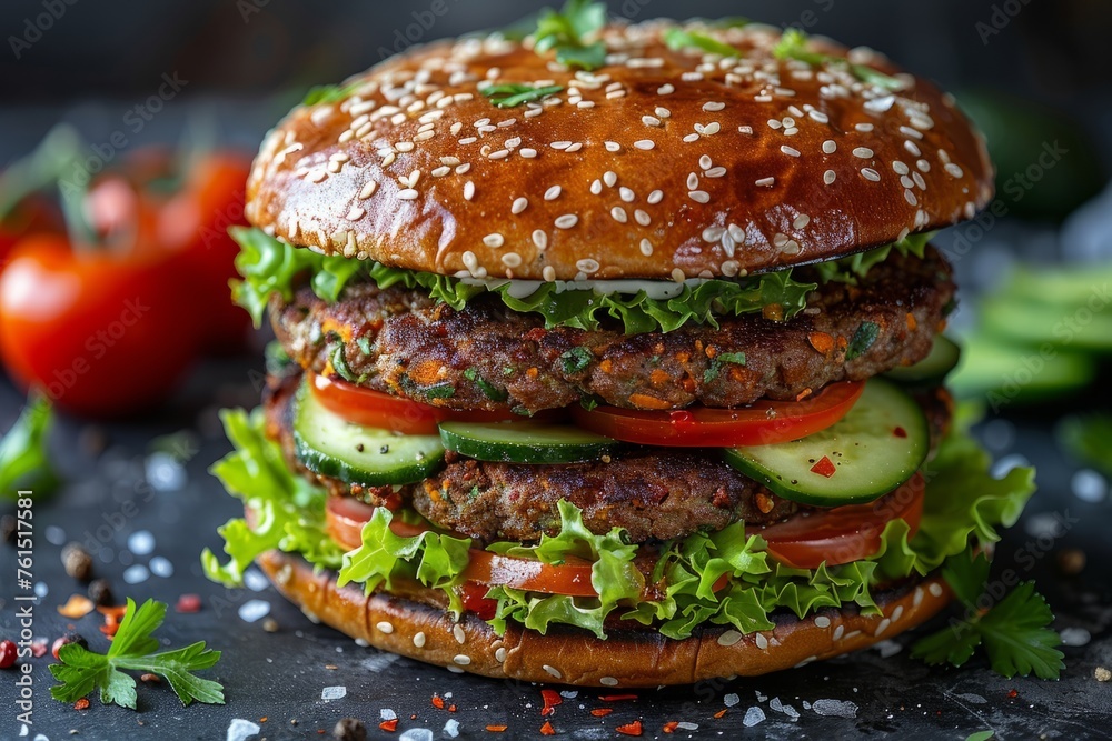 Classic Homemade Veggie Burger with Fresh Toppings and Sesame Bun Classic Homemade Veggie Burger with Fresh Toppings and Sesame Bun