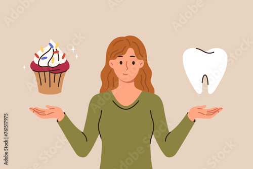 Woman calls to think about problem of caries caused by eating sweet foods, holds giant tooth and muffin in hands. Young girl doubts whether should eat dessert because of risk of caries.