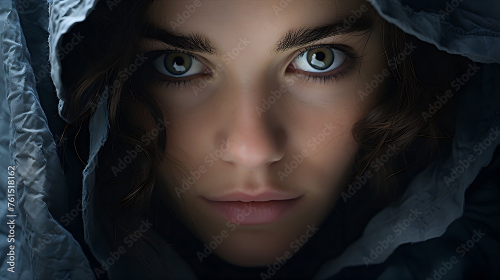 beautiful strong eyes of a mysterious young woman - illustration - ai generated