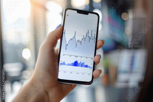 Stock trading investor, trader or broker using crypto exchange platform app on smartphone analysing exchange market chart investing money in financial market on mobile screen with cell phone in hands.