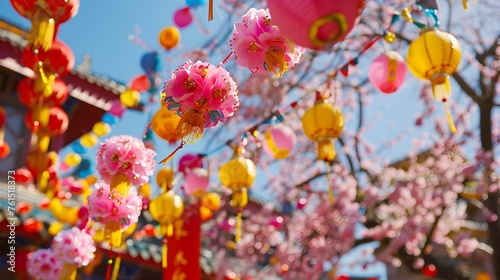 Colorful Spring Festival Lanterns and Cherry Blossoms