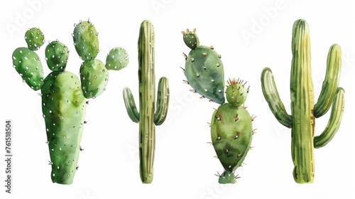 Group of cactus plants on a plain white background. Perfect for botanical or desert themed designs