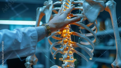 Detailed view of chiropractor pointing to middle back region on skeleton.