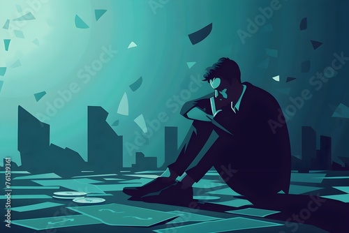 business man sitting on the floor with sad mood, coins, notes and broken downside arrow at the background, business failure concept