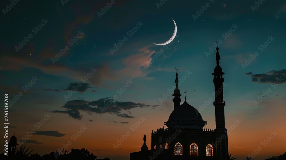 A mosque with a crescent moon in the sky. Suitable for religious and cultural concepts