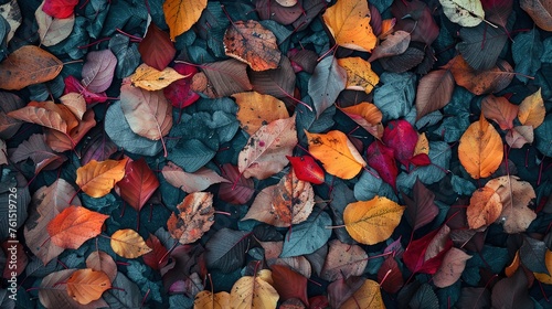 A close-up shot of colorful autumn leaves scattered on the ground, highlighting their intricate details, real photo, stock photography