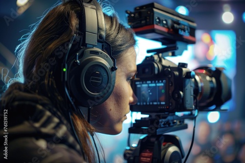 A woman wearing headphones looks at a video camera. Perfect for technology and vlogging concepts
