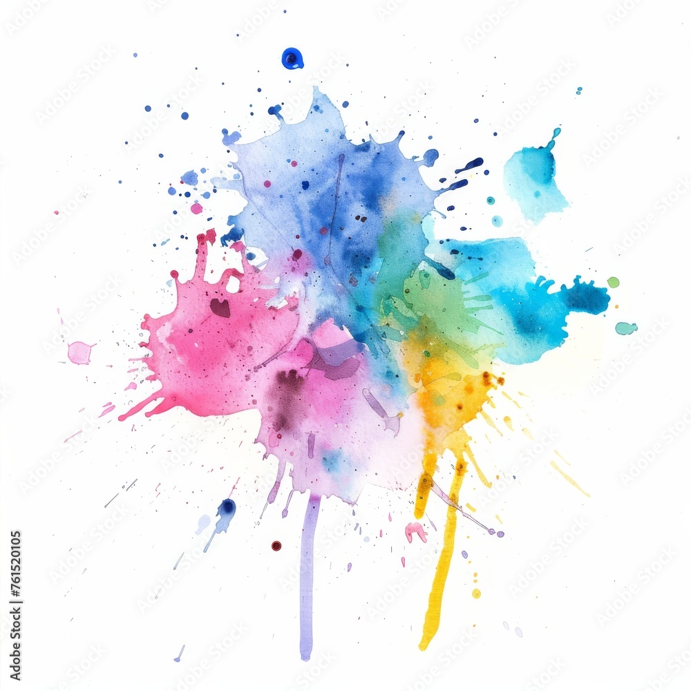 Splatters of watercolor combine to form a whimsical dance of hues on a crisp white canvas, suggesting artistic inspiration and playful imagination.