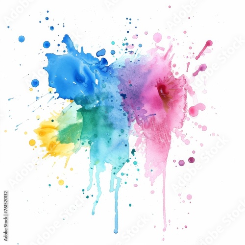 Splatters of watercolor combine to form a whimsical dance of hues on a crisp white canvas  suggesting artistic inspiration and playful imagination.