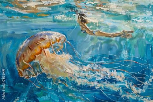 A painting depicting a jellyfish drifting near a swimmer in the ocean. The jellyfish is vibrant in color, floating gracefully in the water