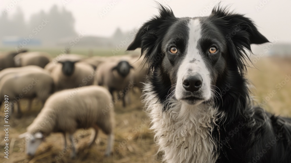 A black and white dog standing in front of a herd of sheep. Suitable for agriculture or animal themes