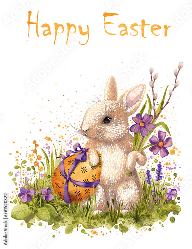 Isolated watercolor Easter greeting card containing an ash peach bunny carrying a golden Easter egg with a dark brown pattern, tied with a purple ribbon and holding a bouquet of willow branch and pin