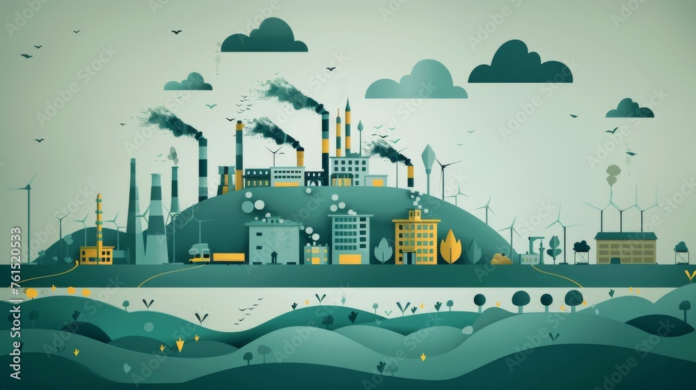This graphic illustration contrasts industrial factory smoke with clean wind turbine energy, depicting the transition to green technology.