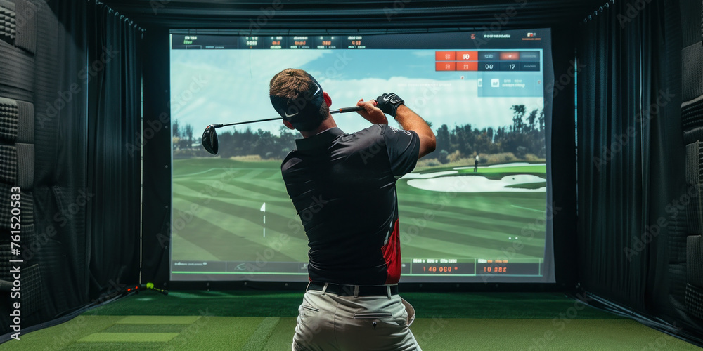 Man playing golf on screen in indoor simulator in spacious room with golf club - obrazy, fototapety, plakaty 
