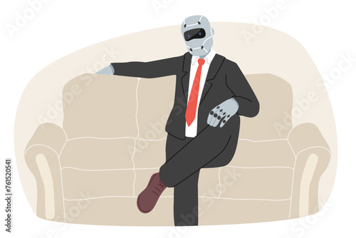 Cyborg dressed as businessman sits on sofa, for concept of replacing company management with robots. Cyborg in suit runs large corporation after enslaving people from sci-fi dystopia