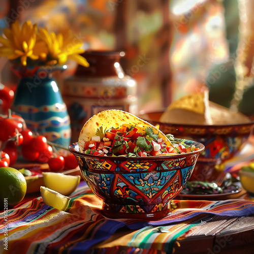 Taco, Tortilla warmer, Mexican cuisine, Vibrant and colorful dining setup, Golden hour, Photography, Silhouette lighting, Vignette