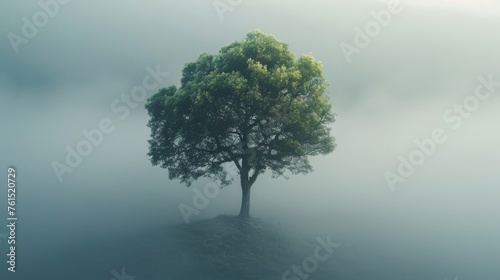 A solitary tree stands resilient amidst a serene and misty landscape  symbolizing hope and endurance in nature s stillness.
