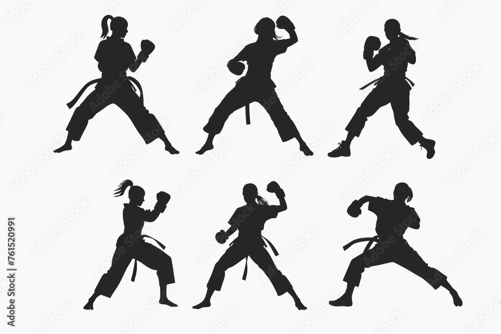 Fototapeta premium Collection of silhouettes of a woman in karate gear. Ideal for sports and fitness concepts
