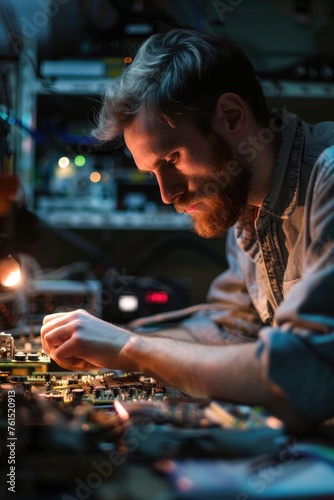 A man working on a circuit board in a dimly lit room. Perfect for technology or hacker concepts