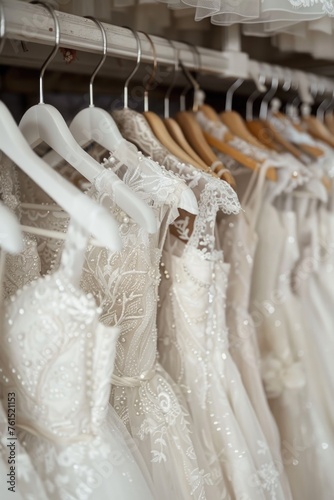 A row of wedding dresses on display. Perfect for bridal shop advertising