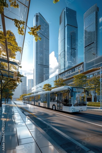 City bus driving down a street near tall buildings, suitable for urban transportation concept