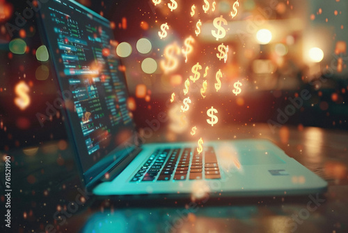 Digital financial business market charts on laptop screen background. Stock exchange trading investment graph with usd american dollar money symbols. Trade data analysis, investing finances concept.