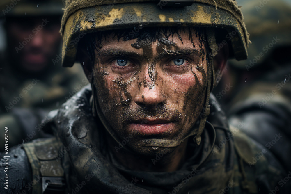 Generated with ai image close up portrait of an injured soldiers face after bomb explosion Generated with ai image close up portrait of an injured soldiers face after bomb explosion