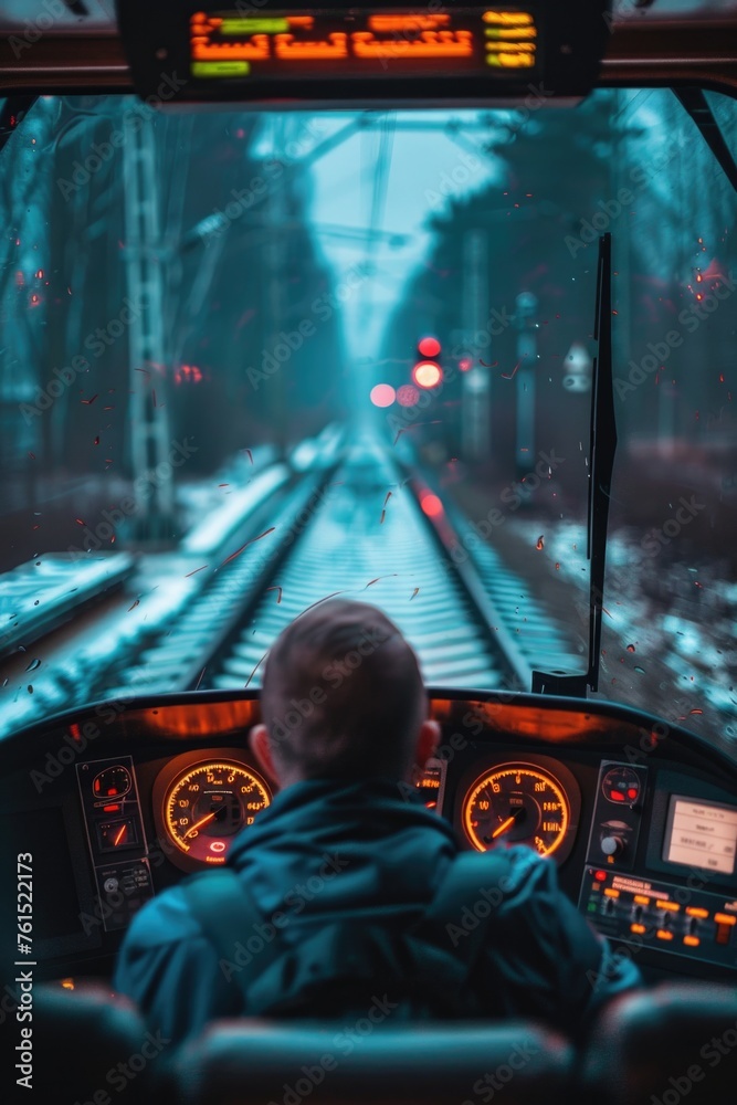 A man operating a train in the rain. Suitable for transportation themes A man operating a train in the rain. Suitable for transportation themes