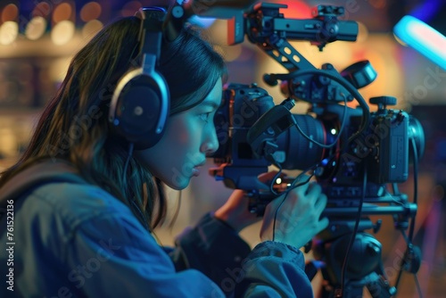 A woman with headphones filming a movie. Perfect for film production projects