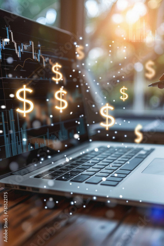 Digital financial business market charts on laptop screen background. Stock exchange trading investment graph with usd american dollar money symbols. Trade data analysis, investing finances concept.