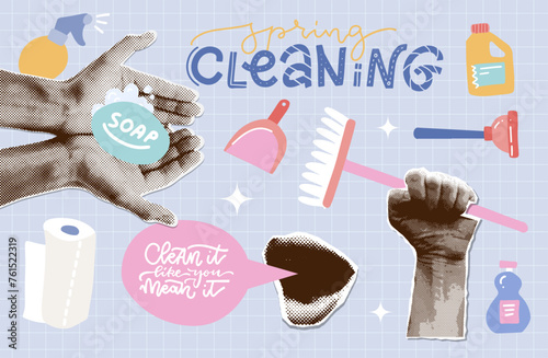 Trendy vintage halftone collage paper elements set of Cleaning concept. Hands holding soap, broom. Spring cleaning collection with funny lettering quote. Vector illustration