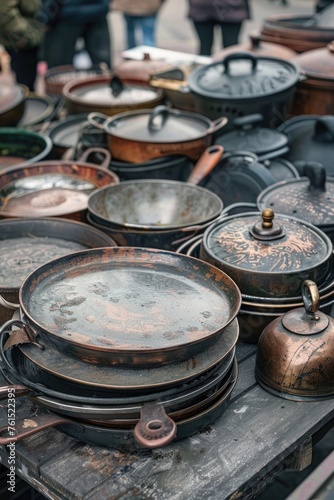 Various pots and pans displayed on a table. Suitable for kitchen or cooking themes © Fotograf